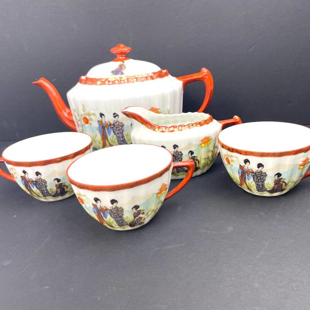 Vintage Japanese Kutani-Style Porcelain Tea Set Geisha Scene, Red Trim, 5 Pieces